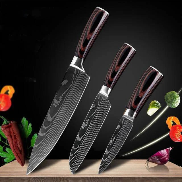 Premium Damascus kitchen knife set with elegant storage box, featuring high-carbon stainless steel blades and color-treated wood handles