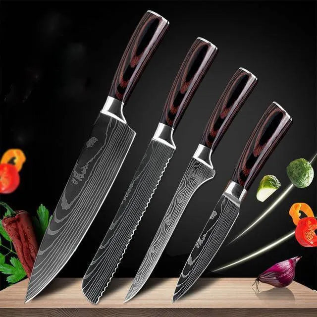 7Cr17 stainless steel kitchen knife with Damascus patterned 18 cm blade and coloured wood handle