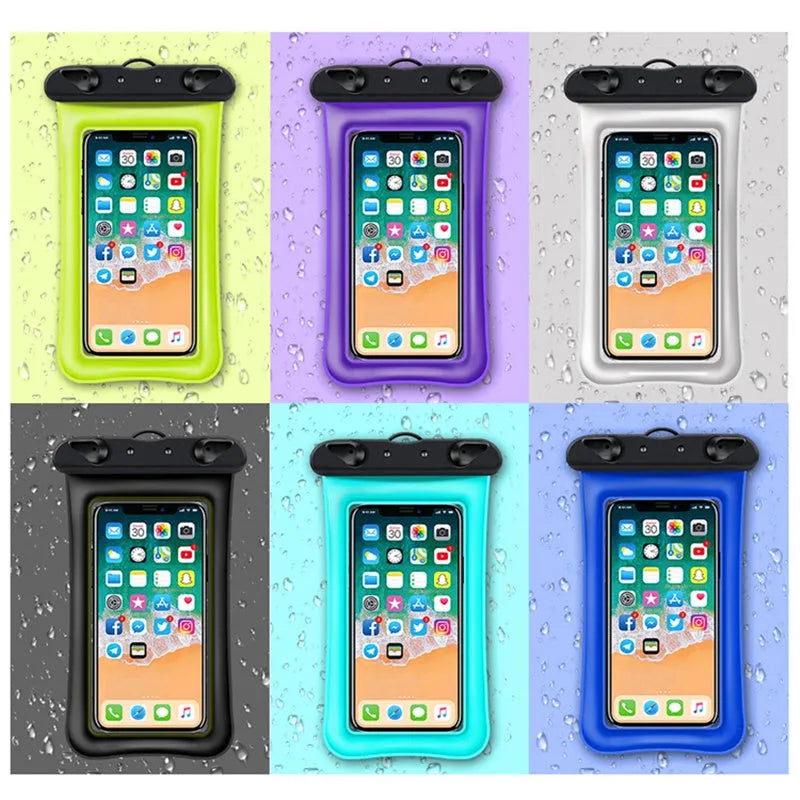 Orange waterproof phone pouch with a black rope, showing the ABS switch sealing mechanism.