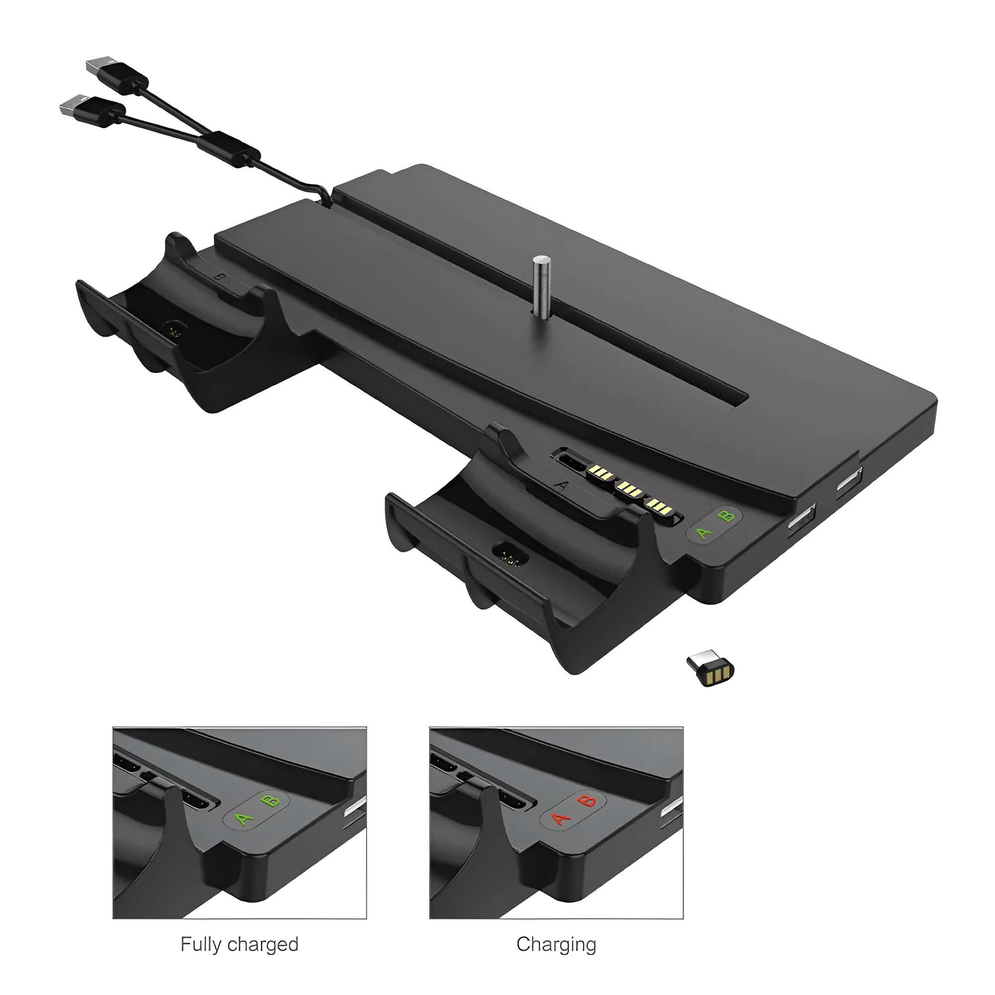 Black PS5 multi-function charger stand with ABS build and USB port for host and controller