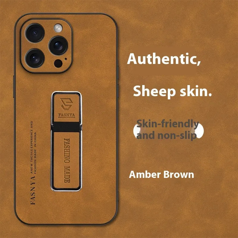 Magnetic bracket sheepskin protective cover for Apple iPhone, all-inclusive shockproof case with kickstand in black