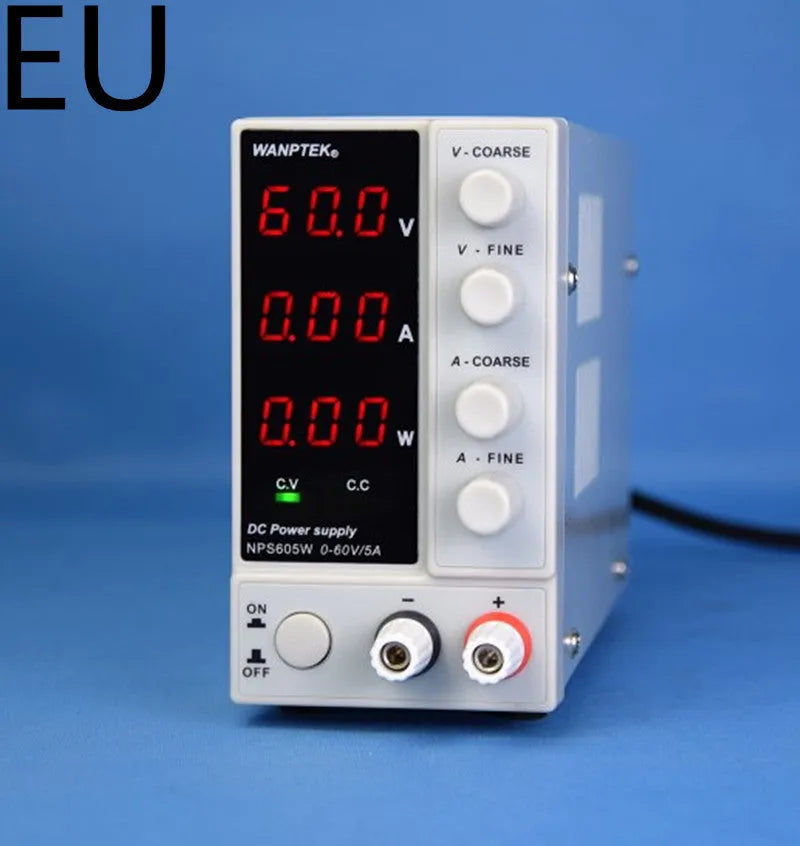 White adjustable DC laboratory power supply with digital display, model S605W, UK plug.