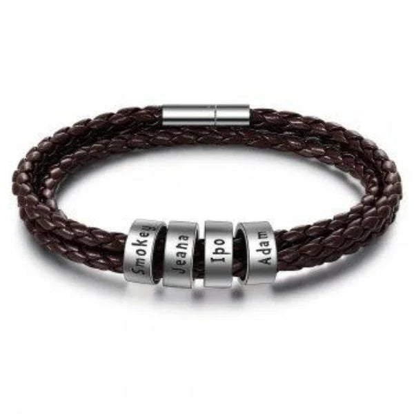 Personalized leather bracelet with engraved name charm for men, featuring a braided design and stainless steel beads