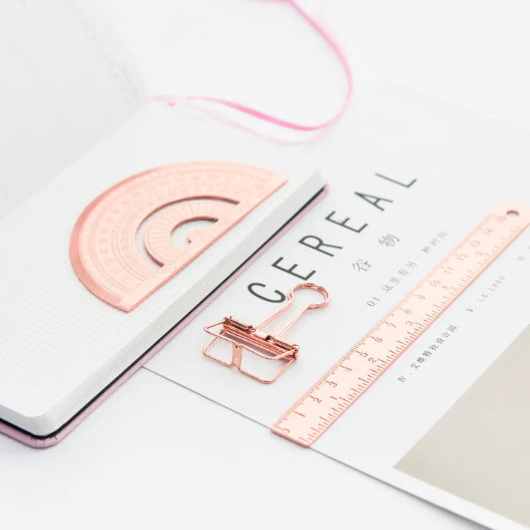 Stainless steel ruler set with protractor, triangle plate, and ruler in transparent pocket