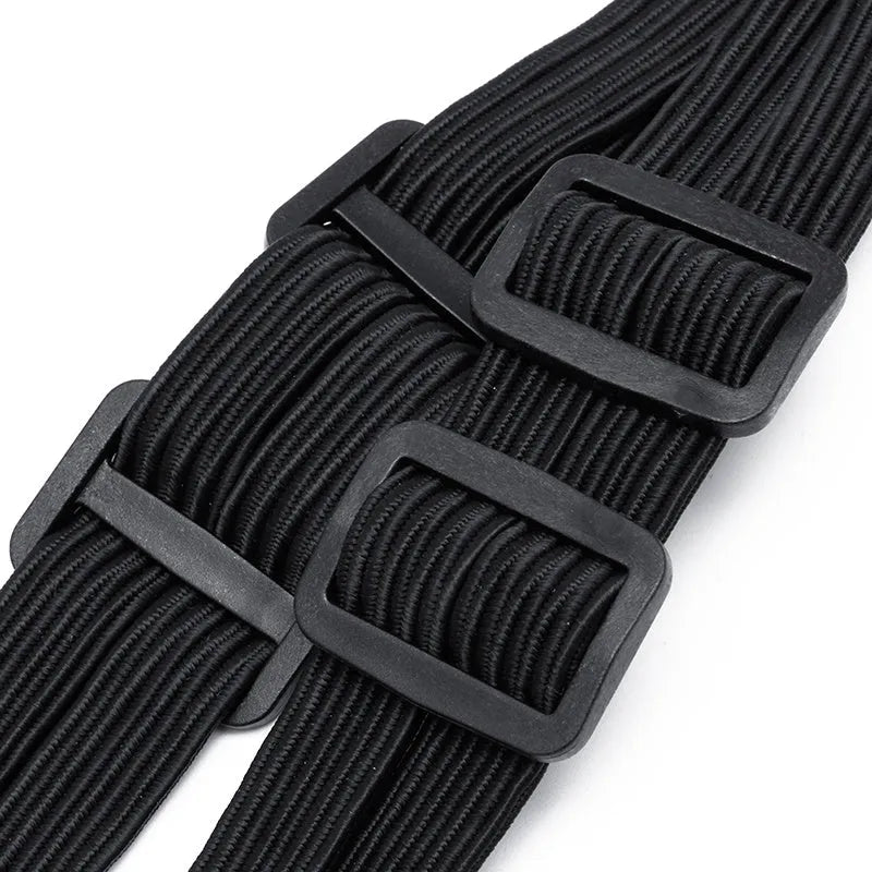 Black retractable motorcycle helmet strap with two metal hooks on a white background