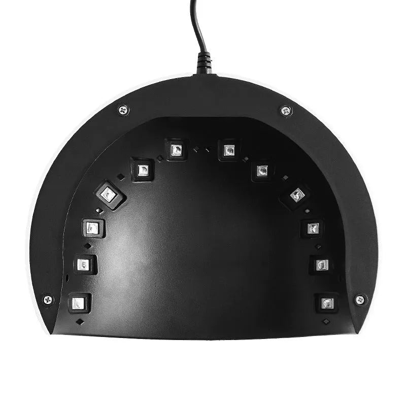 White 36W UV LED nail lamp with 12 beads and USB power socket on a clear background