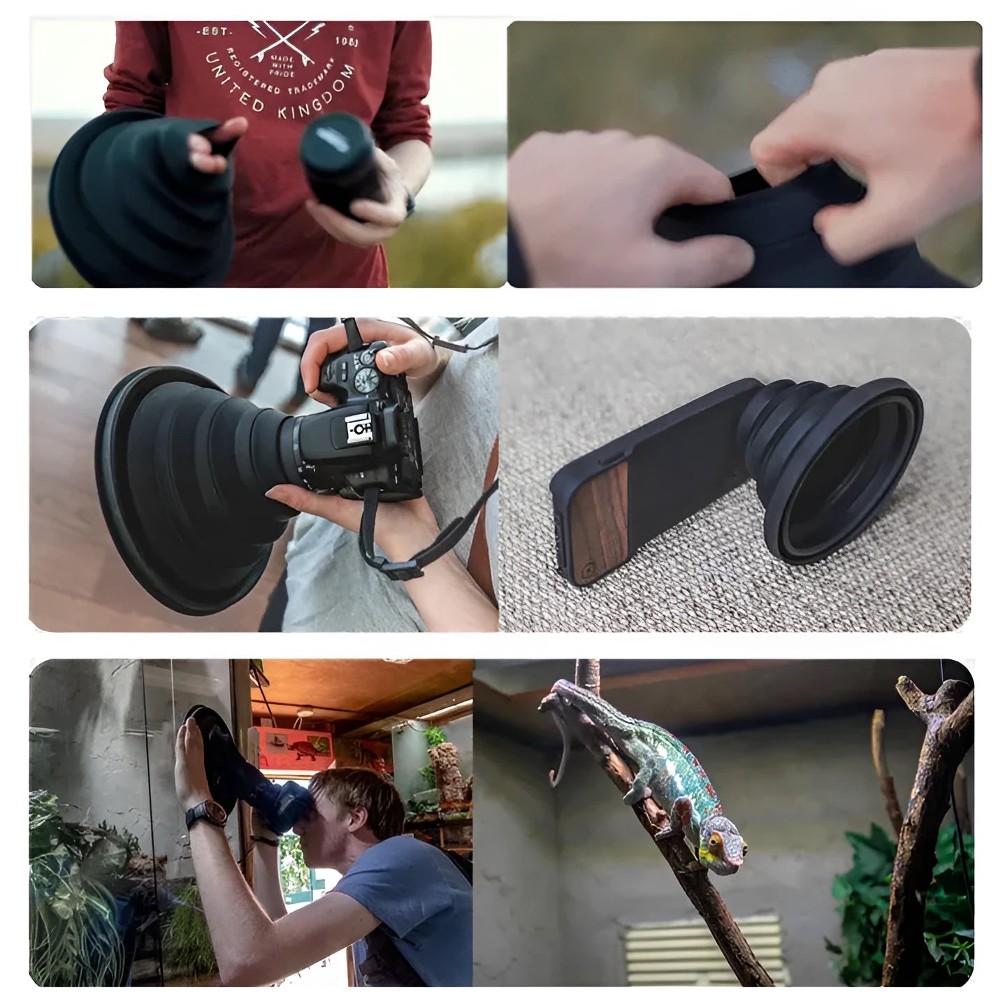 Black conical silicone camera lens hood for reducing glare when shooting through windows, shown in large and small sizes.