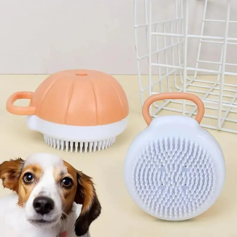 Orange dog bath brush with shampoo dispenser and soft TPR bristles on a curved pumpkin-shaped handle.