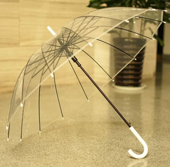 Long handle transparent umbrella with black steel frame and white canopy