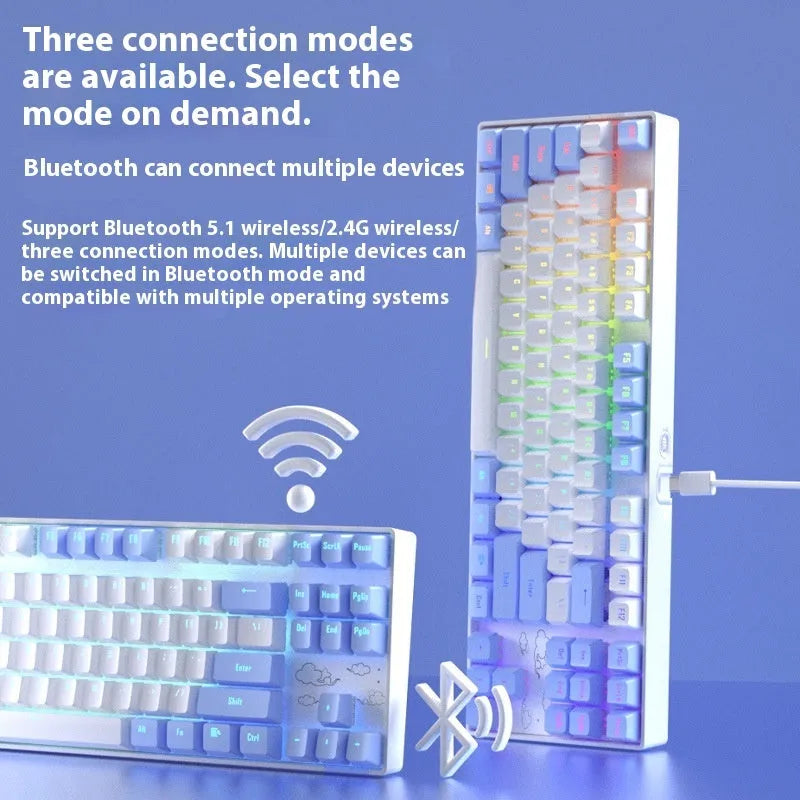 Wireless Bluetooth mechanical keyboard with metal construction in blue white and purple white colour options
