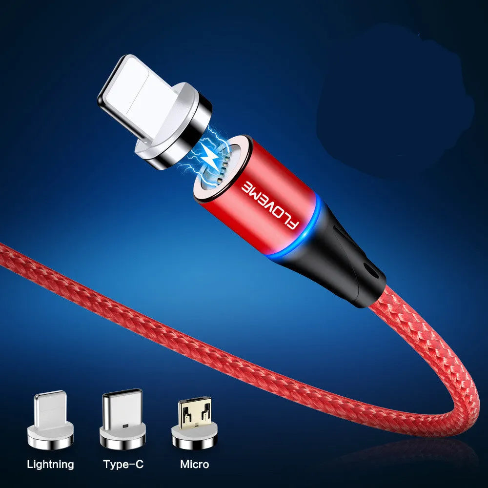 Black 3A fast charge magnetic data cable with 3-in-1 connector for iPhone, Android and Type-C.