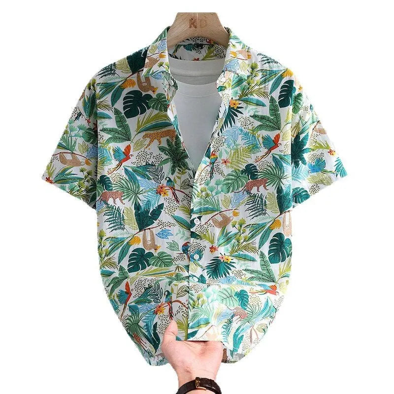 Men's Hawaiian-style floral cotton short sleeve shirt in cardigan design with open front