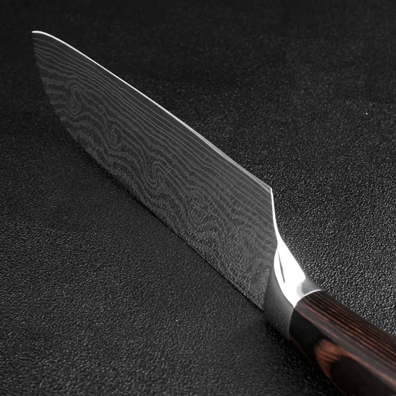 7Cr17 stainless steel kitchen knife with Damascus patterned 18 cm blade and coloured wood handle