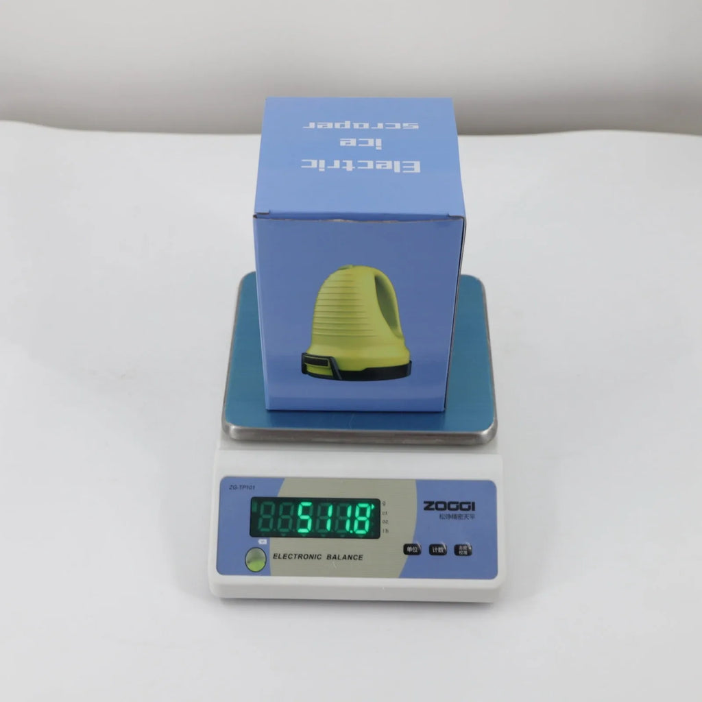 Yellow electric car ice scraper with ABS body, 3000mAh battery, USB charger, protective cap, and rotating removal disc, 16x11x11cm