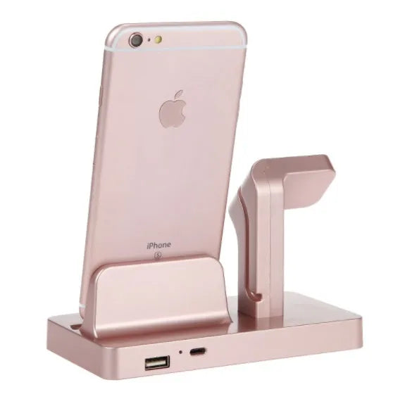 White Apple iPhone and Watch 2-in-1 charging dock station on wooden desk