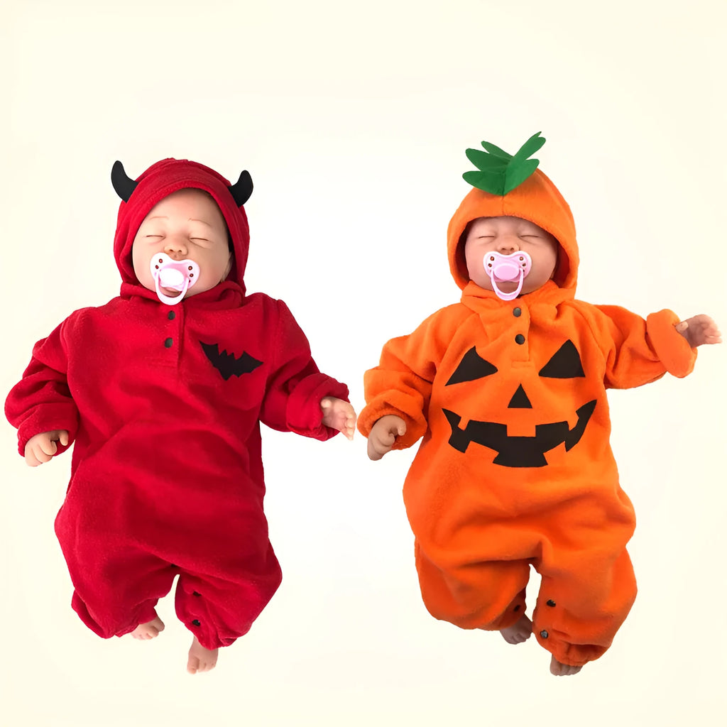 Baby Halloween romper in orange or red, long sleeve cotton pullover, sizes 70cm to 95cm, unisex.