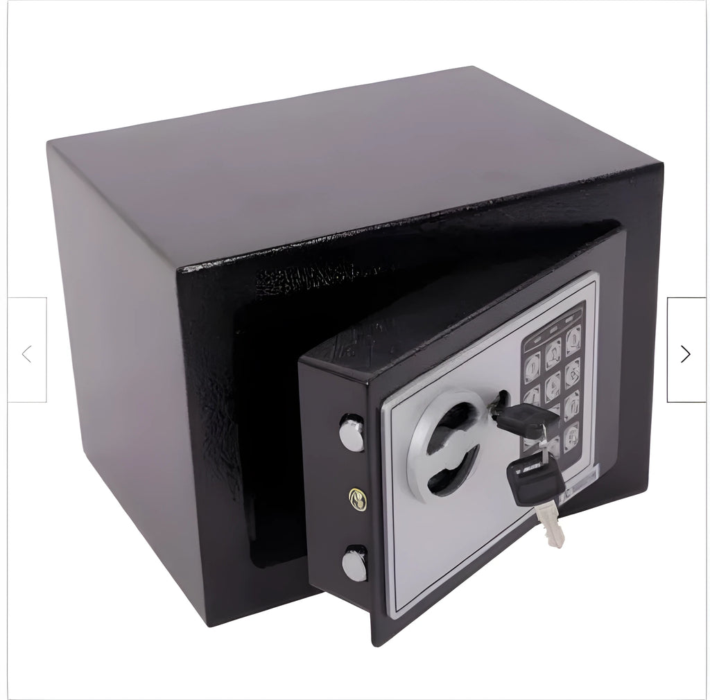 Mini office safe with password lock in white finish, compact size for desk or shelf placement