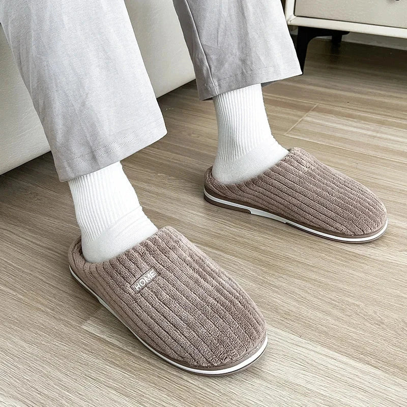 Cozy cotton slippers with plush upper, non-slip sole, and warm insole for comfortable indoor wear