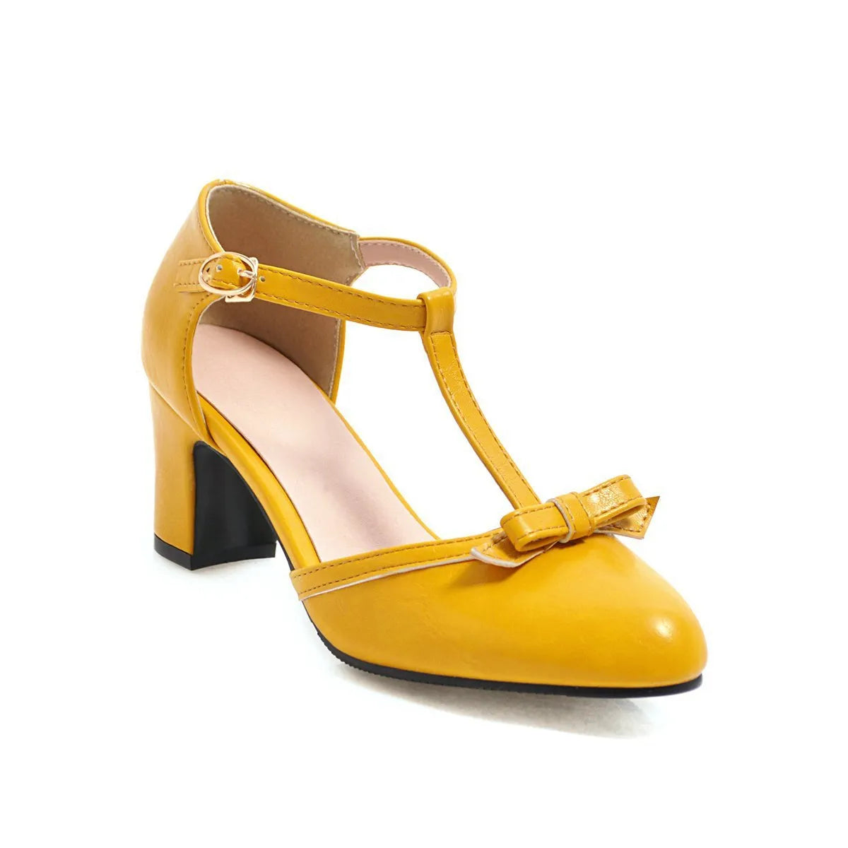 Women's solid colour chunky heel sandals with bow detail and hollow out design on round toe