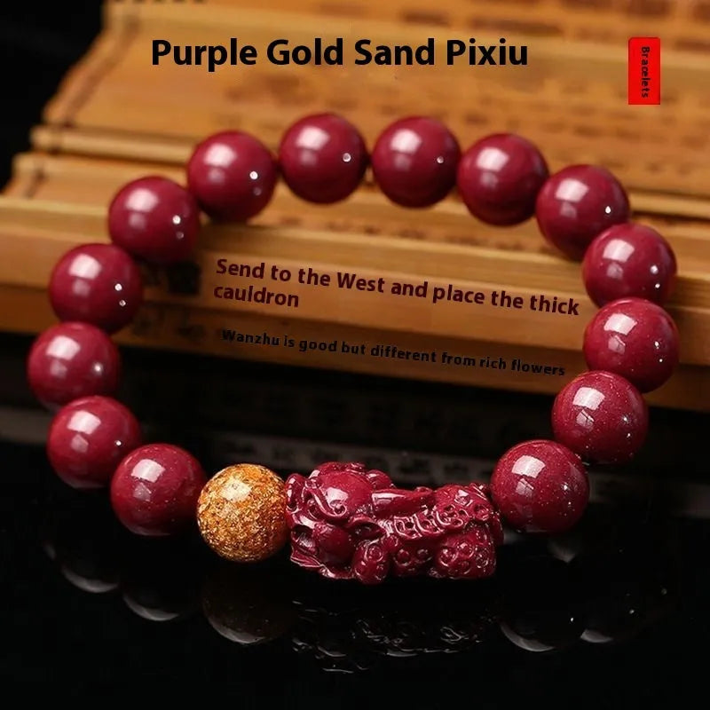 Purple gold sandstone cinnabar bracelet with totem design showing polished beads in three size options