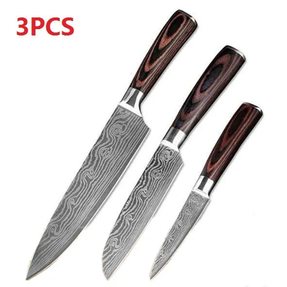 7Cr17 stainless steel kitchen knife with Damascus patterned 18 cm blade and coloured wood handle