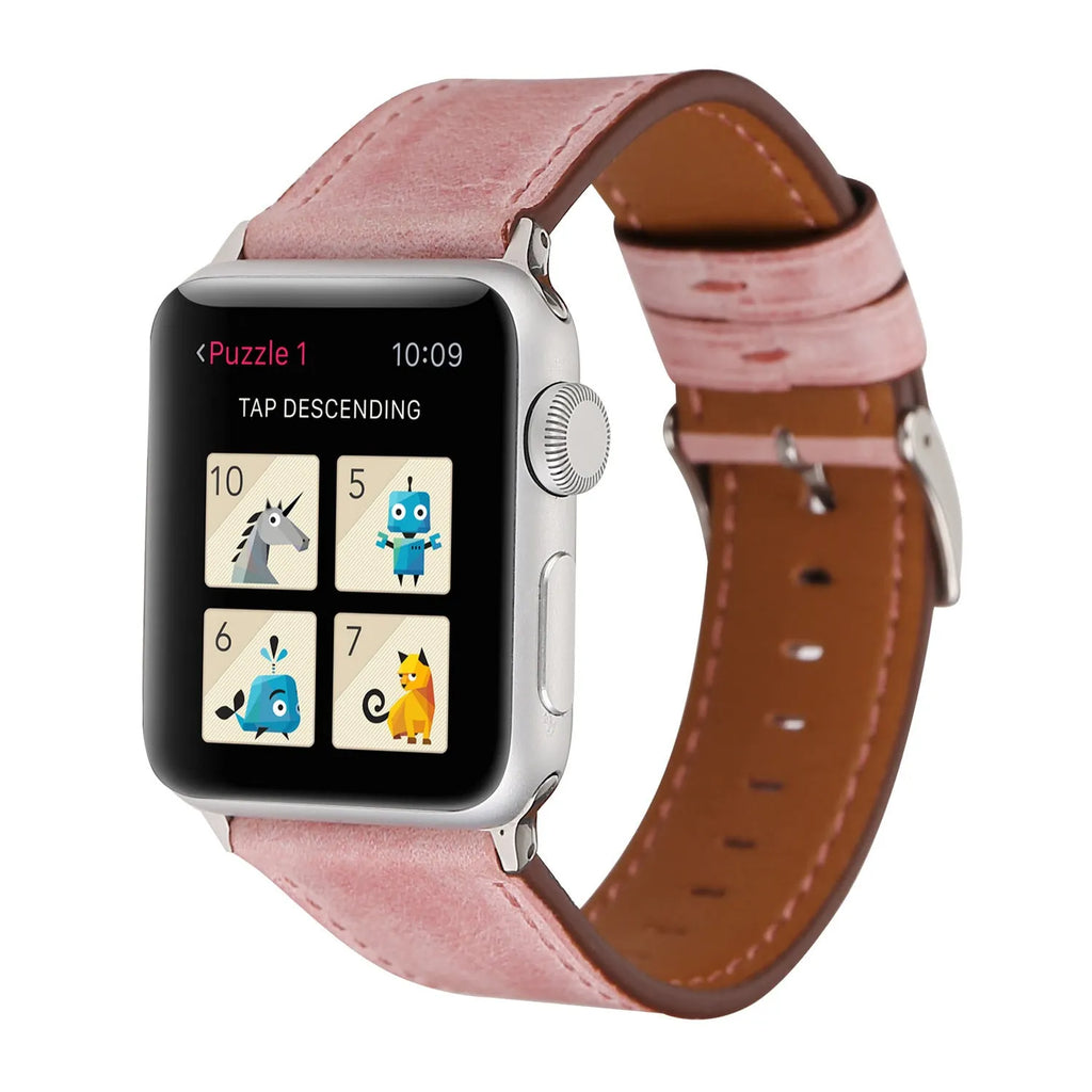 Coloured leather watch strap with a folding buckle on a watch case.