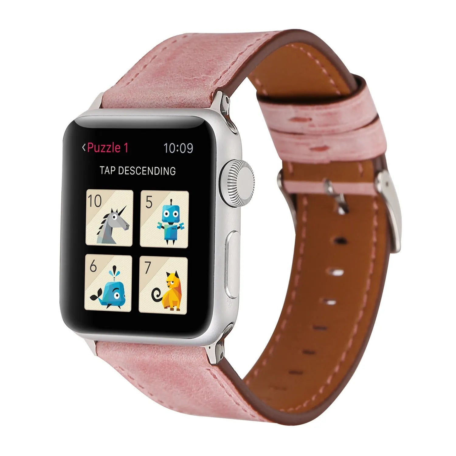 Coloured leather watch strap with a folding buckle on a watch case.