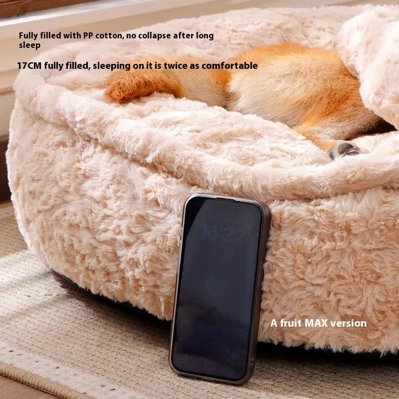 Milk tea coloured washable pet bed with round nest design shown in multiple sizes