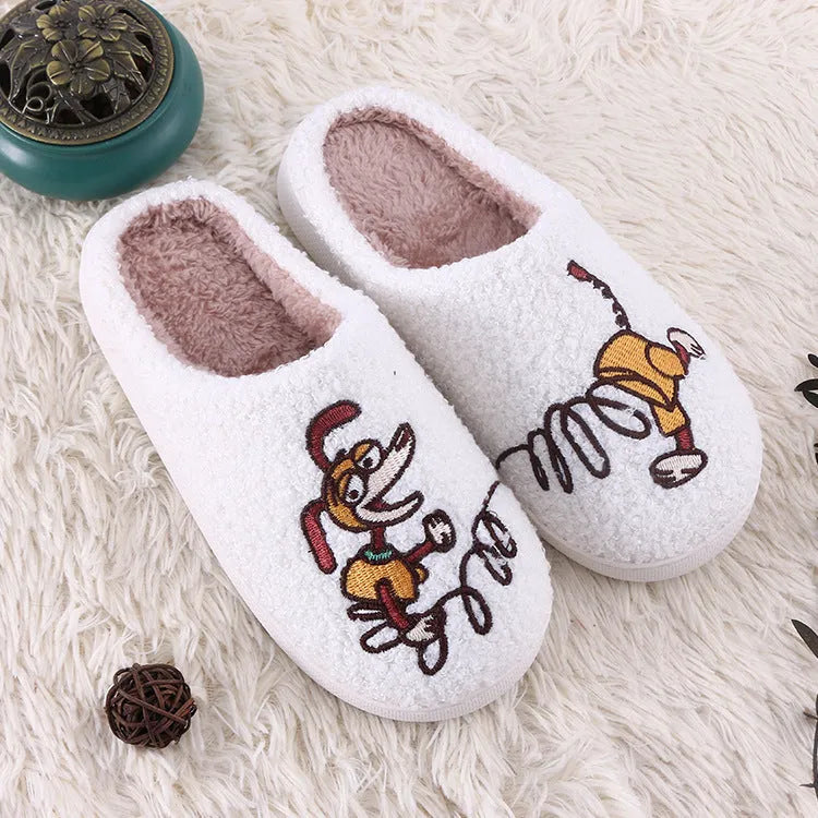 White cartoon pattern plush slippers with toe holder and non-slip rubber sole