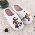 White cartoon pattern plush slippers with toe holder and non-slip rubber sole
