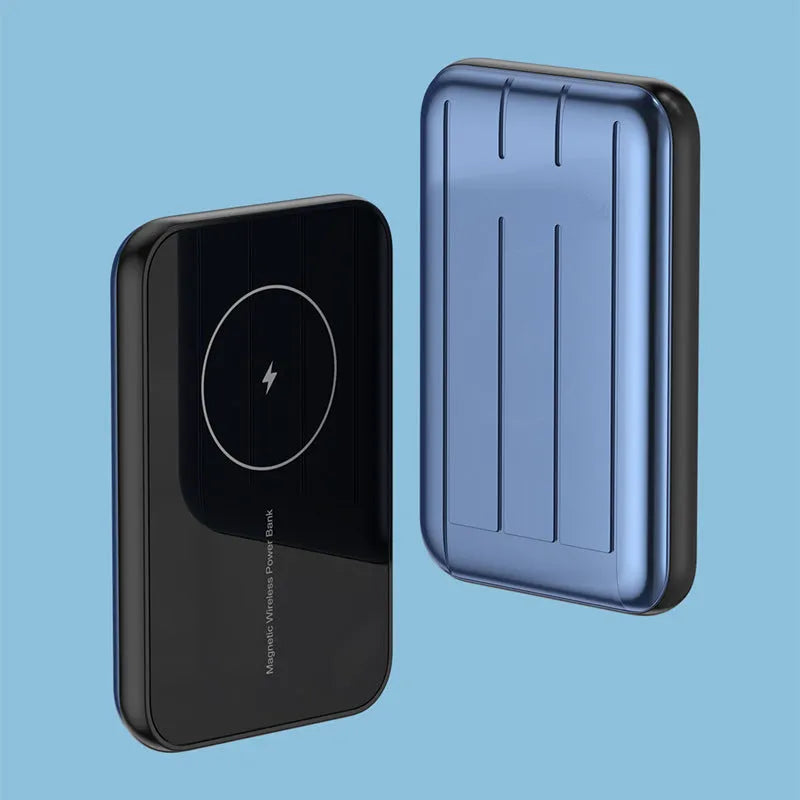 Blue 15W wireless magnetic power bank with 5000mAh capacity next to a smartphone