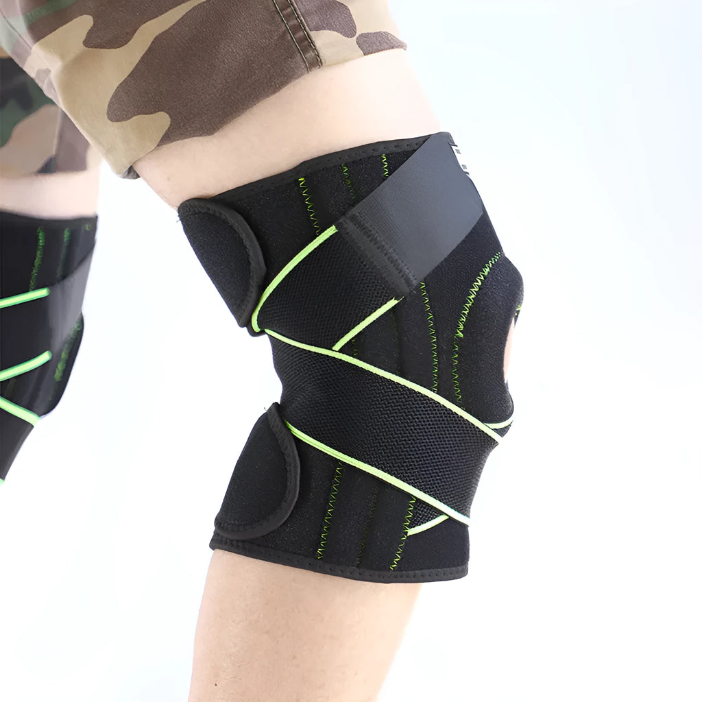 Black outdoor sports compression knee pads with metal spring, SBR pad, and magic buckle, Type A or B