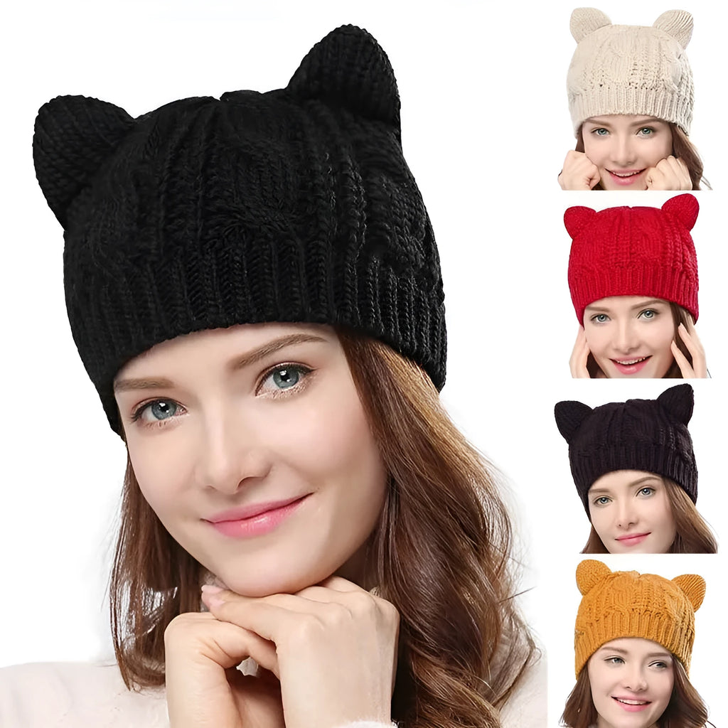 Hand made 3D cat ear knitted wool beanie in multiple colours for winter wear