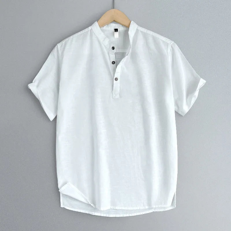 Men's solid colour short sleeve T-shirt in thin cotton linen blend fabric on a hanger.