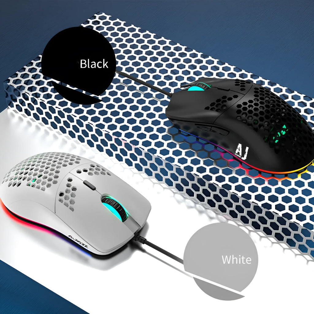 Lightweight hollow hole wired gaming mouse, white or black, with PAW3338 sensor and 1.7m cable.