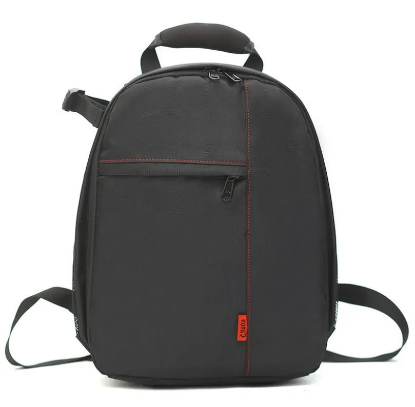 Anti-theft DSLR backpack camera bag in black and green, made from waterproof nylon Oxford cloth with breathable back panel and secure zipper.