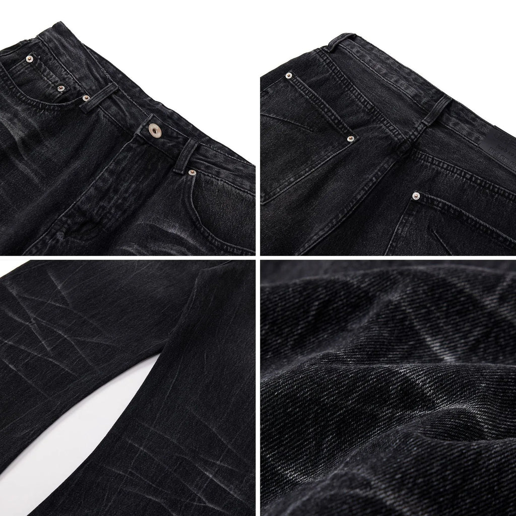 Men's straight-leg black jeans showing an American washed finish with a lightning crack pattern on the legs.