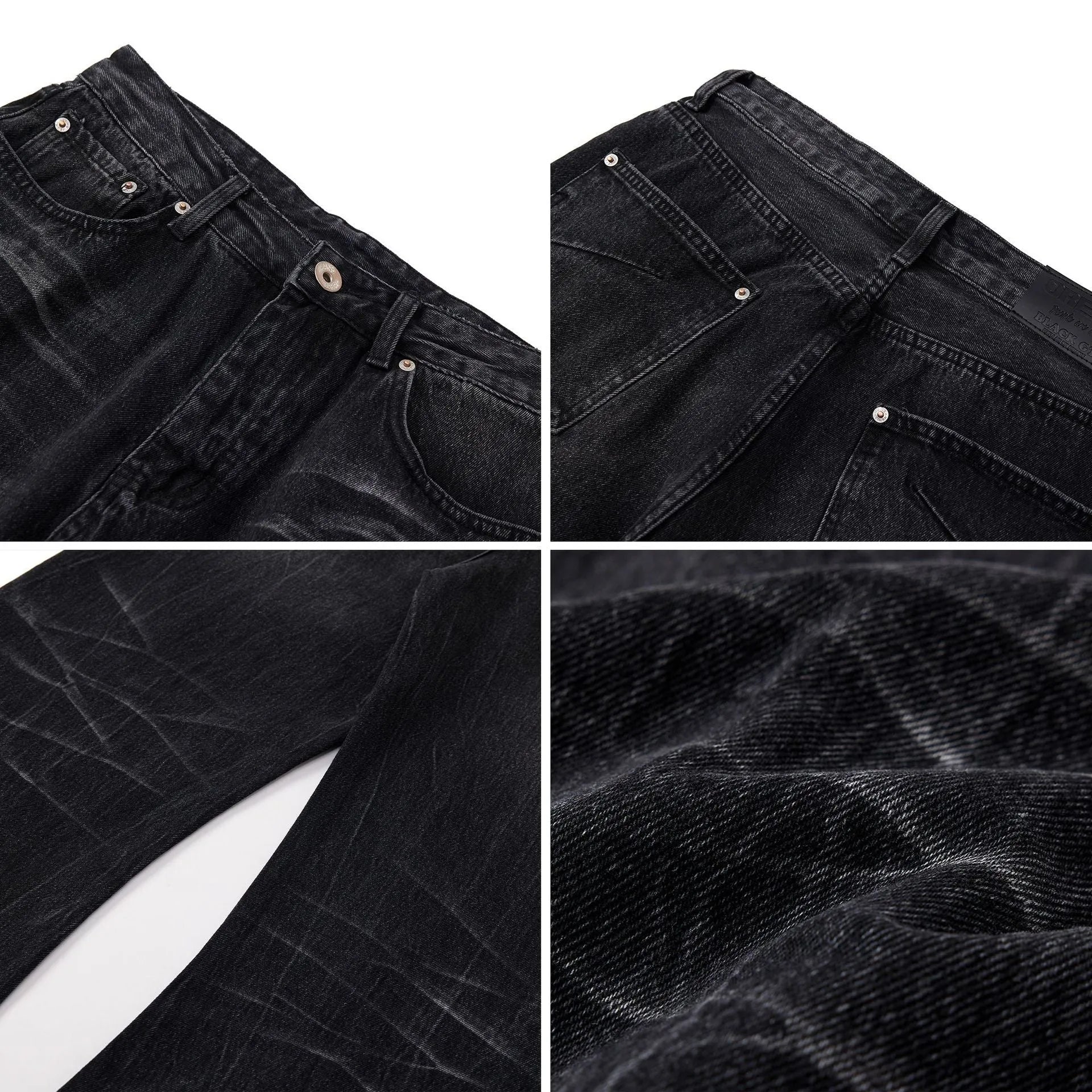 Men's straight-leg black jeans showing an American washed finish with a lightning crack pattern on the legs.