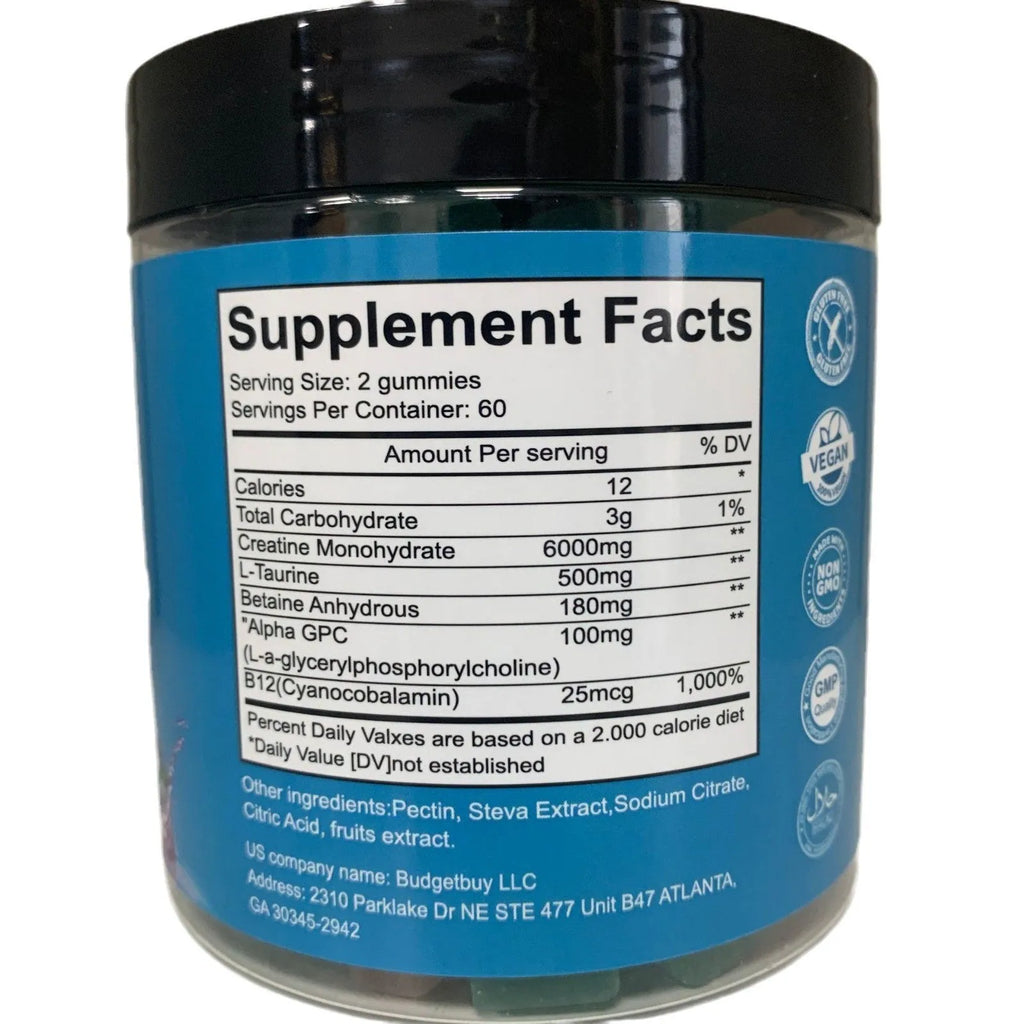 Bottle of raspberry flavoured creatine monohydrate gummies containing 120 soft candy tablets