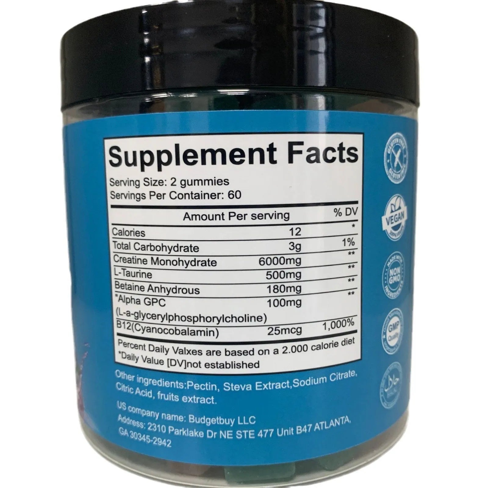 Bottle of raspberry flavoured creatine monohydrate gummies containing 120 soft candy tablets