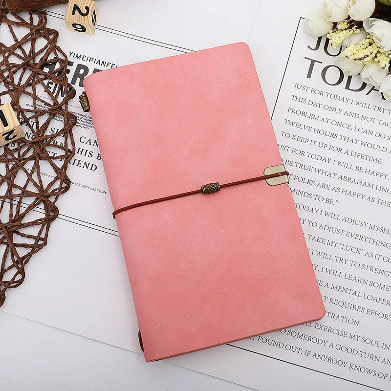 A6 cowhide rope diary notebook with imitation leather cover in grey, pink, or red.
