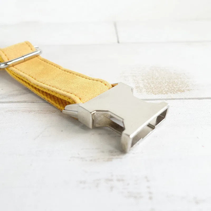 MUTTCO adjustable dog collar in polyester, yellow velvet finish, with buckle and size adjustment holes.