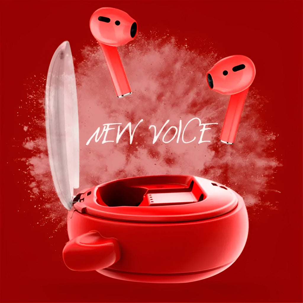 Macaron Red TWS wireless Bluetooth headset with charging case