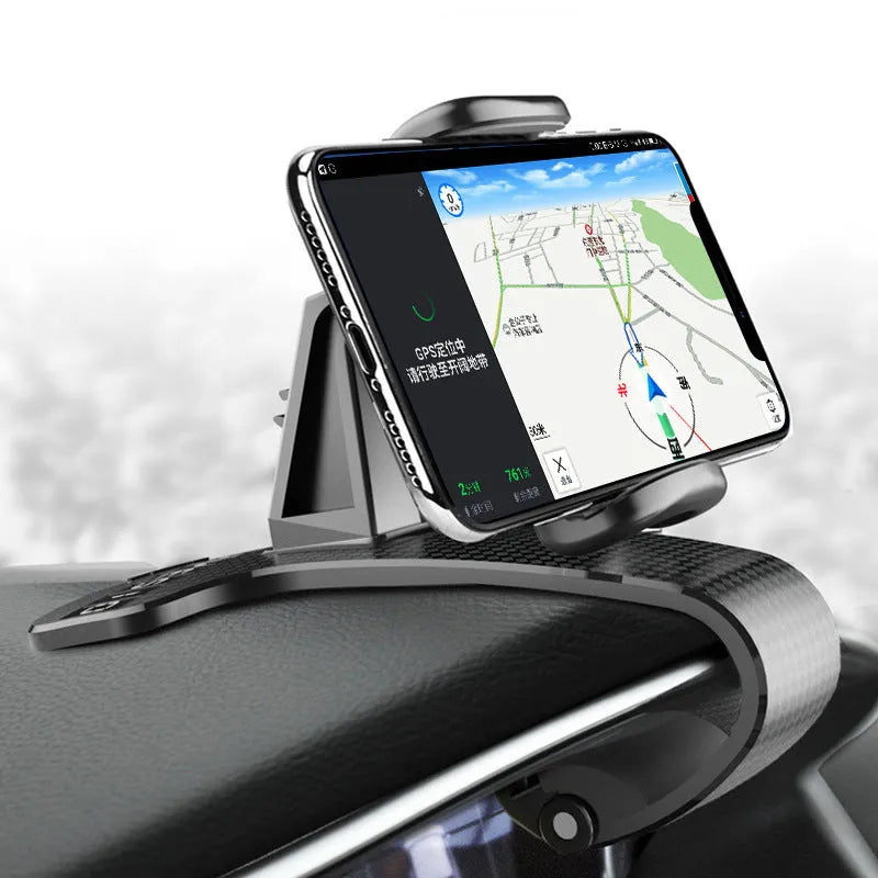 Black 360-degree adjustable universal car phone mount shown on car dashboard holding smartphone