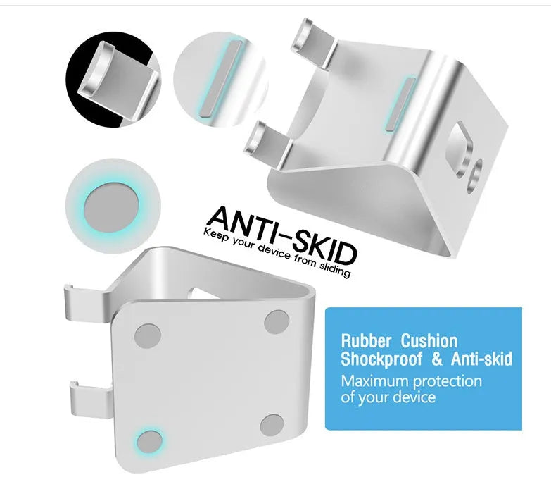 Aluminium alloy universal phone and tablet stand folded flat and unfolded at an angle.