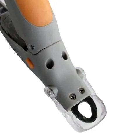 Yellow and grey pet nail trimmer clipper with LED light and magnifying glass on white background