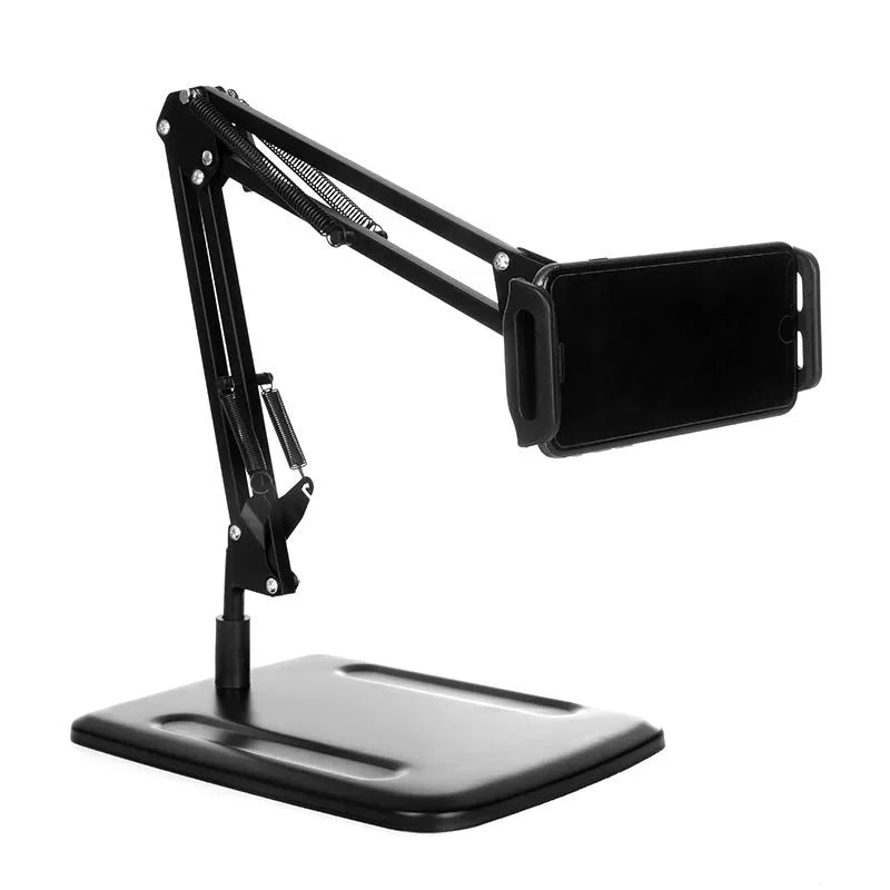 Black universal phone stand with long metal arm and heavy round base holding a mobile phone
