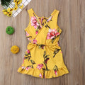 White and yellow floral print cotton summer outfit for a baby girl in Asian sizes 90cm to 130cm.