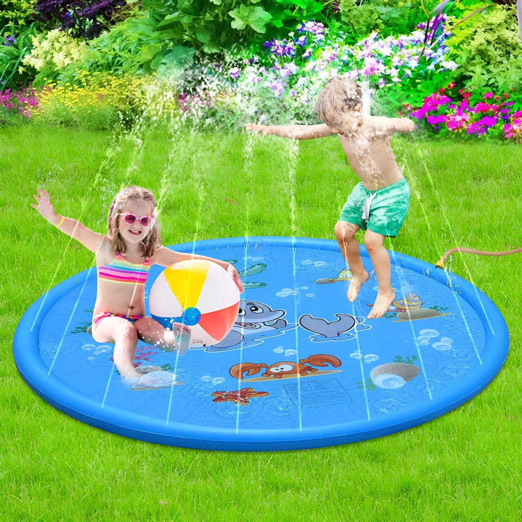 Blue PVC children's water spray play mat with marine animal designs measuring 100cm by 170cm