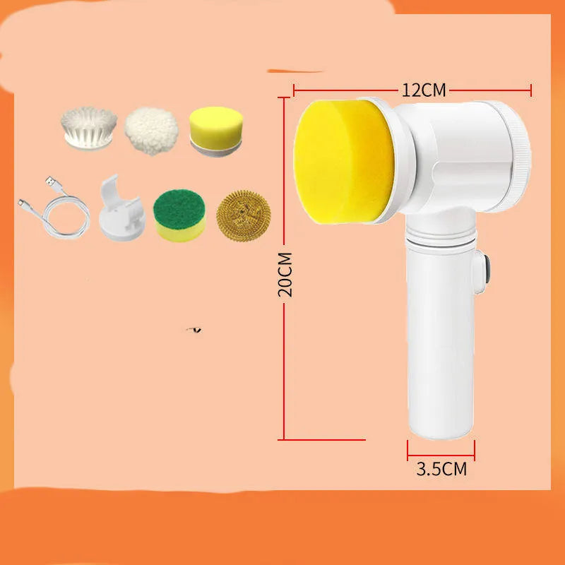 Rechargeable electric kitchen scrubber brush with multiple replaceable brush heads for cleaning stoves and range hoods